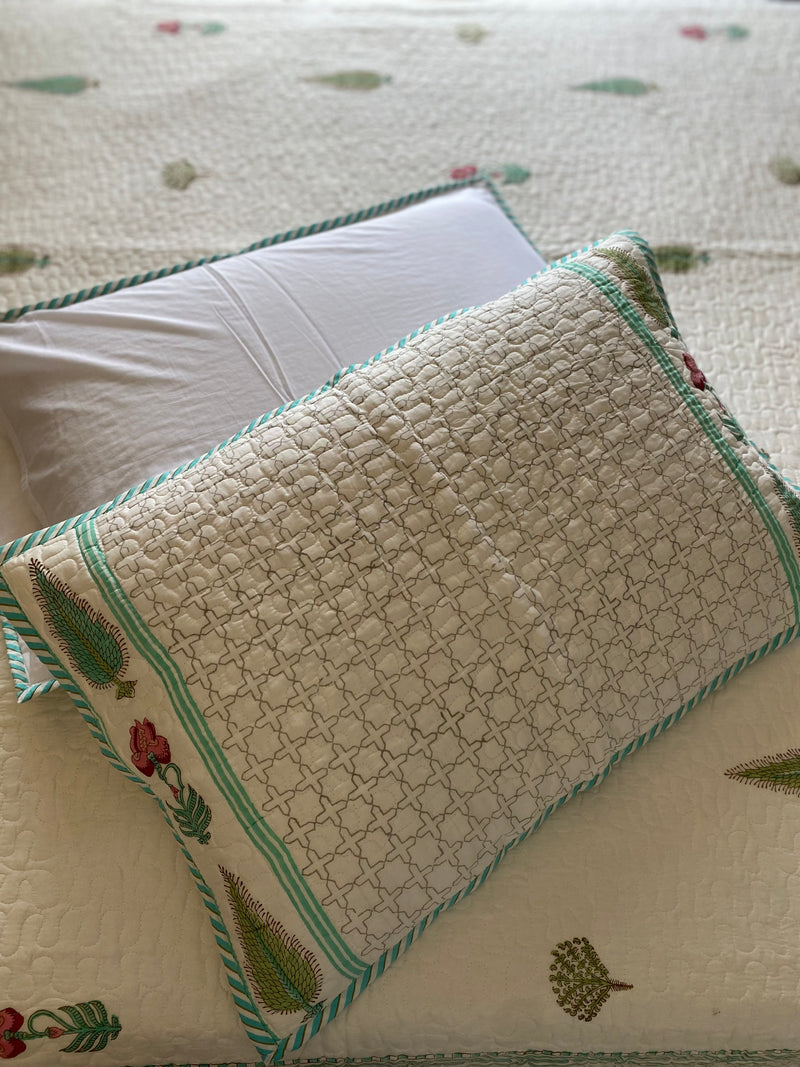 Green and White Floral Handblock Printed Bedcover