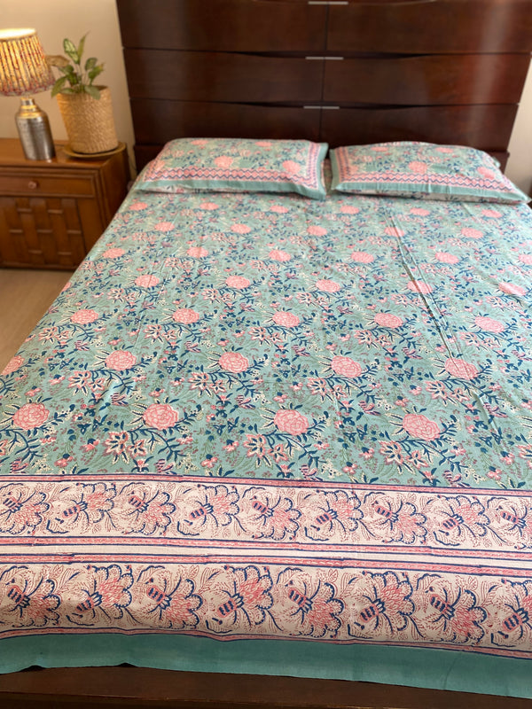 Aqua Blue Handblock Printed Bedsheet