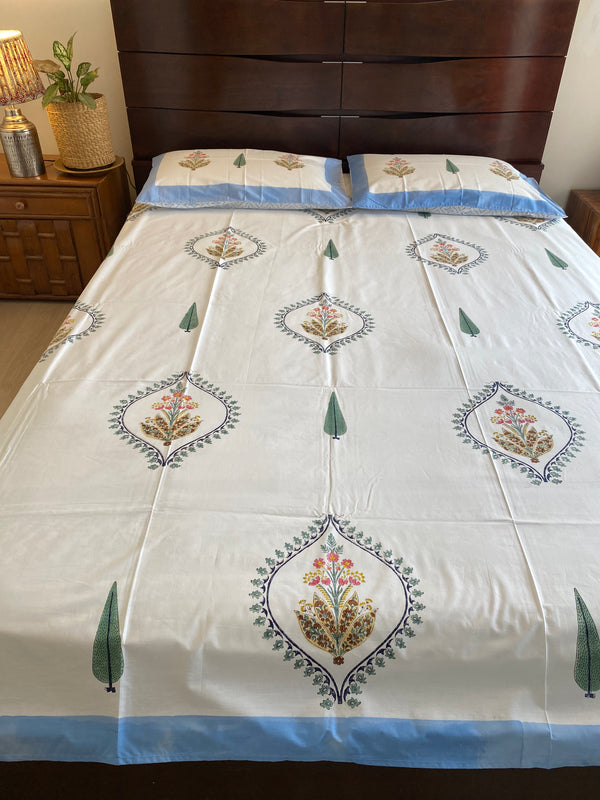Blue and White Handblock Printed Bedsheet (300 TC)
