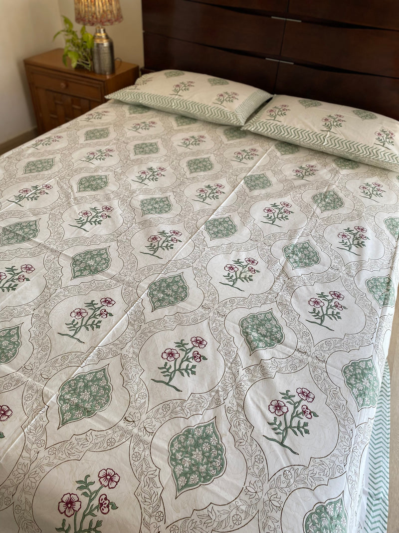 Floral Jaal Handblock Print Bedsheet (300 TC)