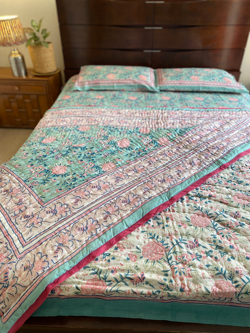 Aqua Blue Floral Reversible Quilt