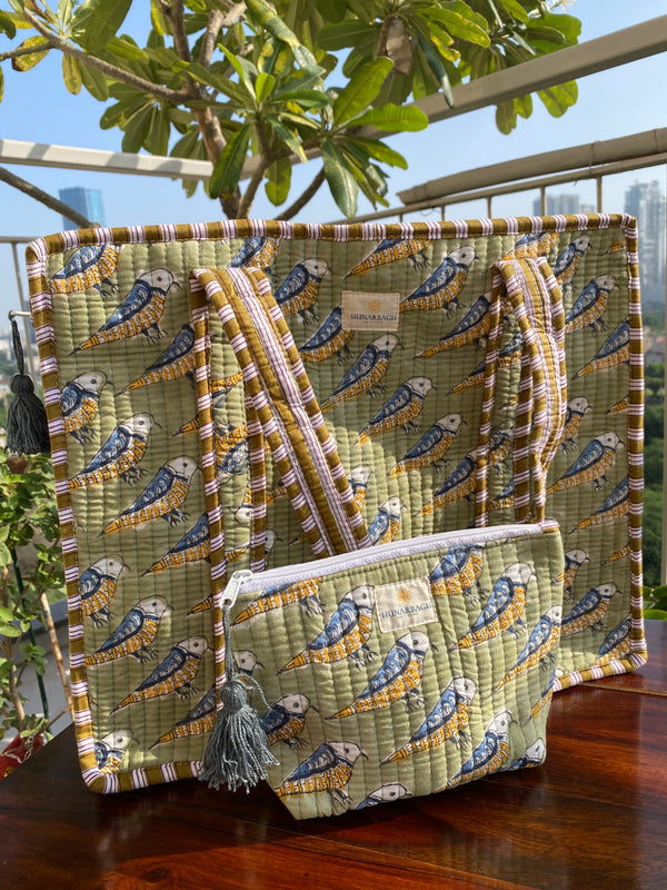 Olive Green Bird Tote Bag with Pouch