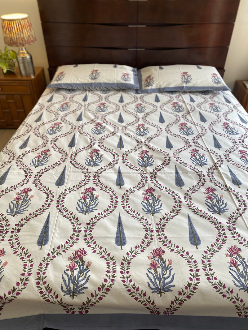 Floral Jaal Handblock Print Bedsheet (300 TC)