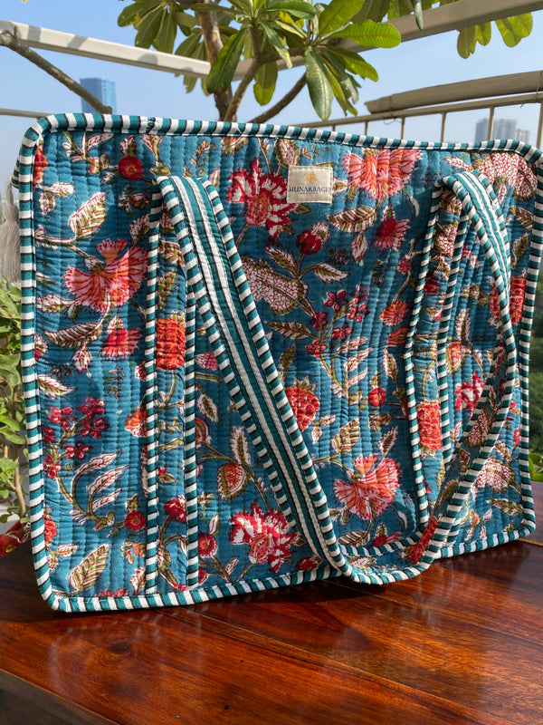 Blue Floral Tote Bag with Pouch