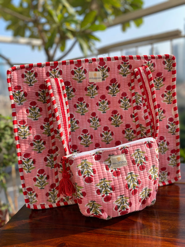 Pink Floral Tote Bag with Pouch