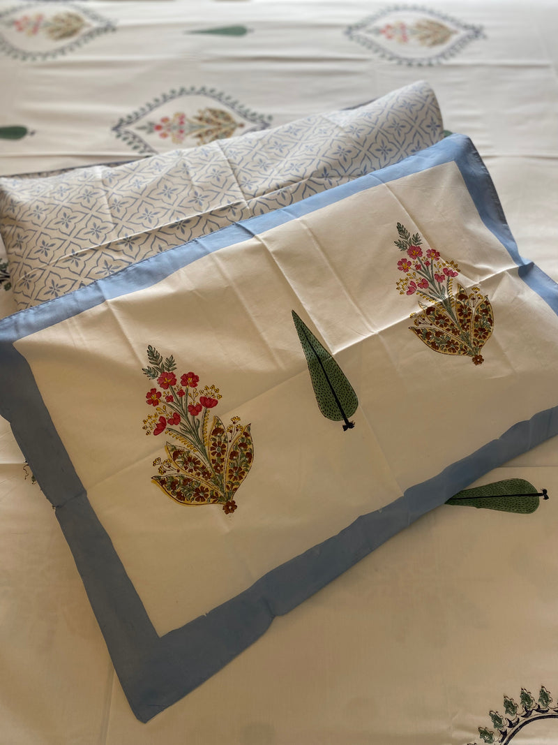 Blue and White Handblock Printed Bedsheet (300 TC)