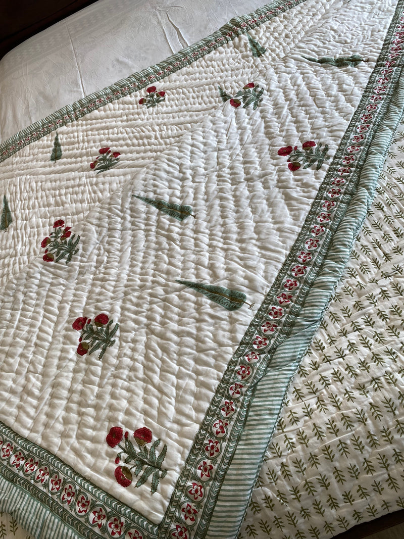 Green and Red Floral Reversible Quilt