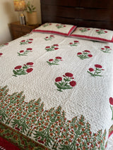 Red and White Floral Handblock Printed Bedcover
