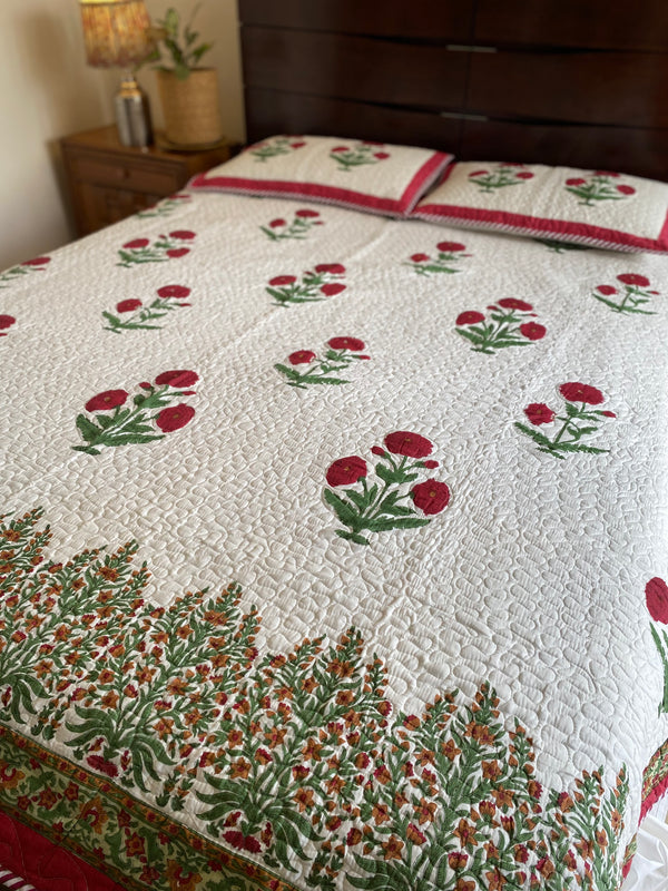 Red and White Floral Handblock Printed Bedcover