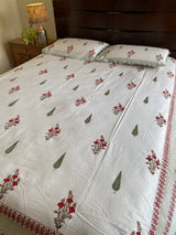 White and Red Handblock Printed Bedsheet