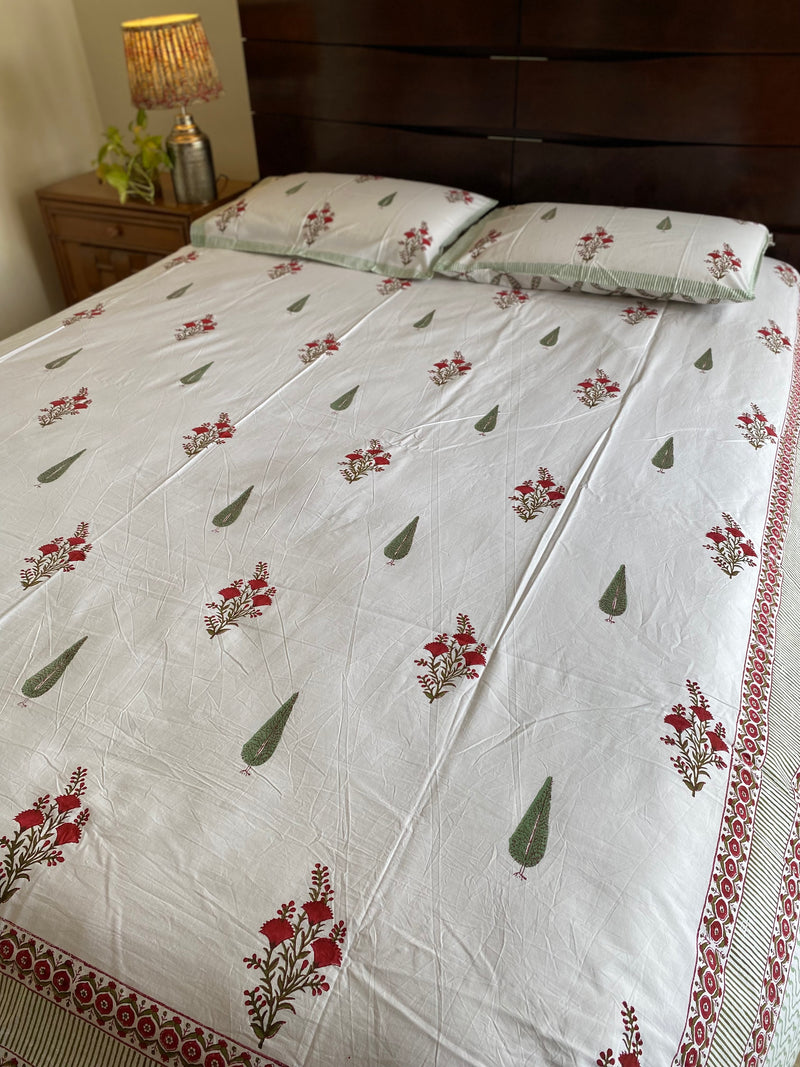 White and Red Handblock Printed Bedsheet