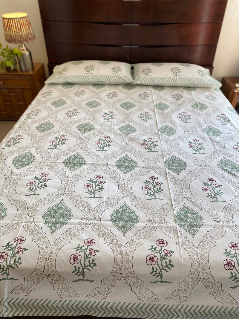Floral Jaal Handblock Print Bedsheet (300 TC)