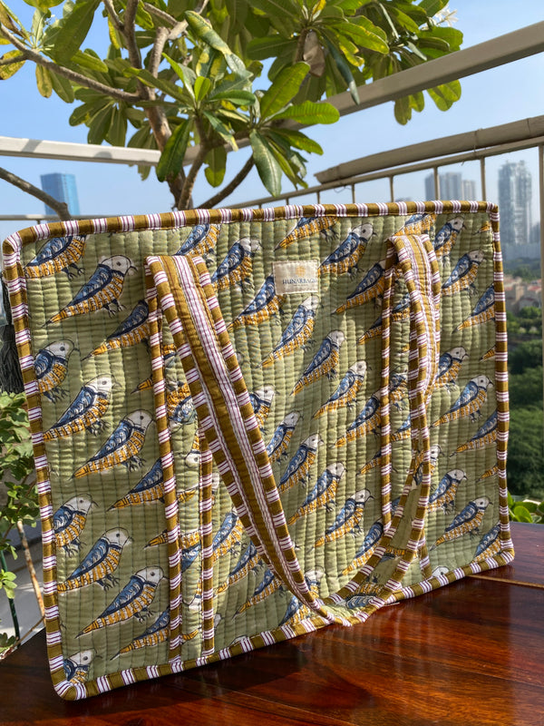 Olive Green Bird Tote Bag with Pouch