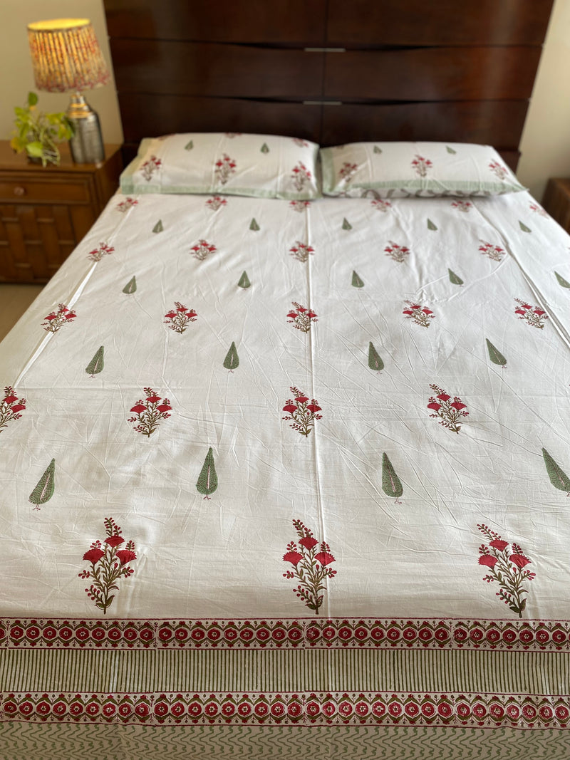 White and Red Handblock Printed Bedsheet