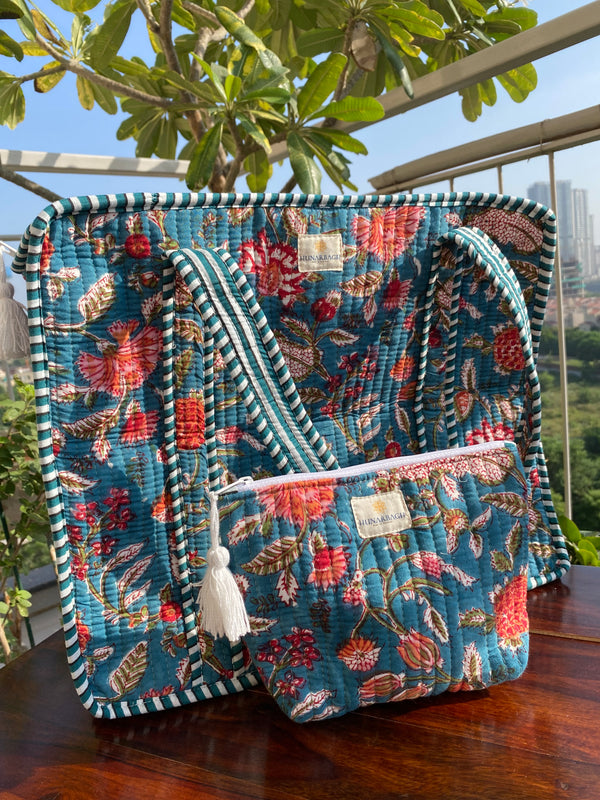 Blue Floral Tote Bag with Pouch