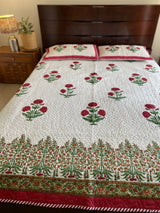 Red and White Floral Handblock Printed Bedcover