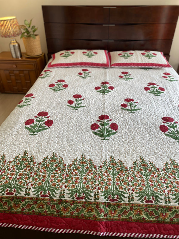 Red and White Floral Handblock Printed Bedcover