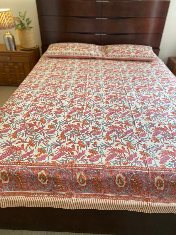 Floral Handblock Printed Bedsheet (300 TC)