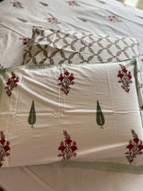 White and Red Handblock Printed Bedsheet
