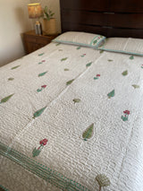 Green and White Floral Handblock Printed Bedcover