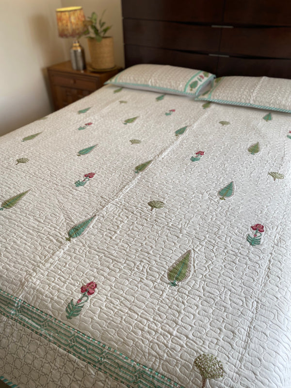 Green and White Floral Handblock Printed Bedcover