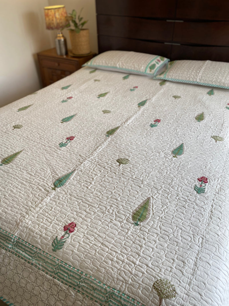 Green and White Floral Handblock Printed Bedcover