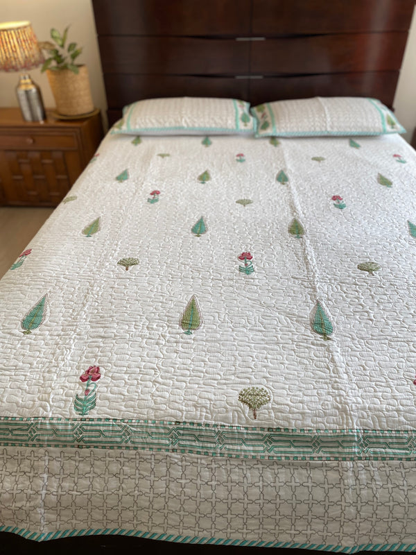 Green and White Floral Handblock Printed Bedcover