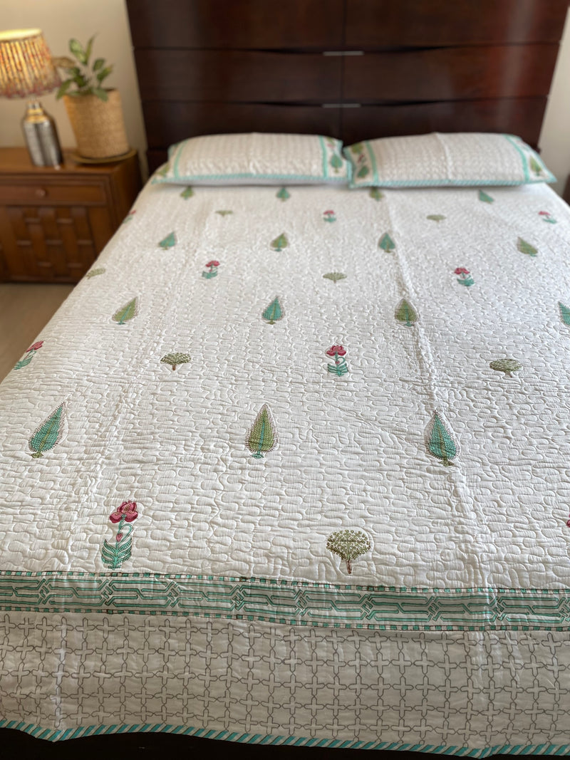 Green and White Floral Handblock Printed Bedcover