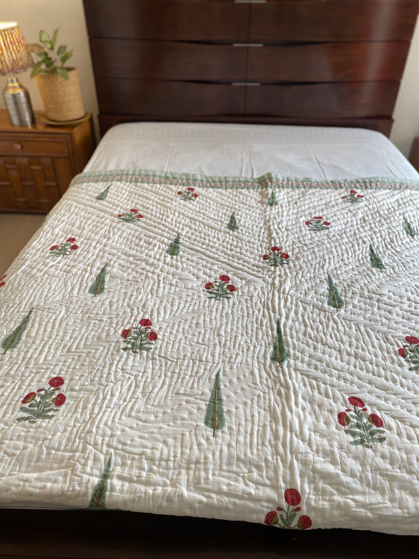 Green and Red Floral Reversible Quilt