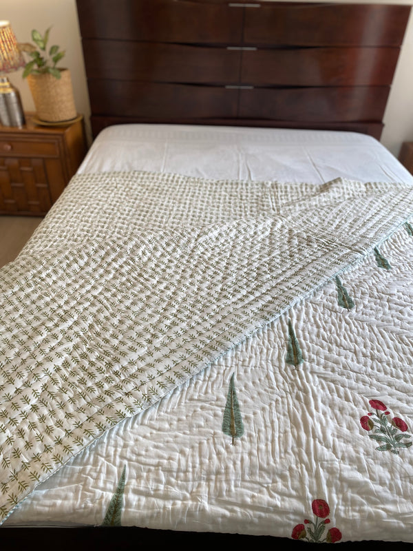 Green and Red Floral Reversible Quilt