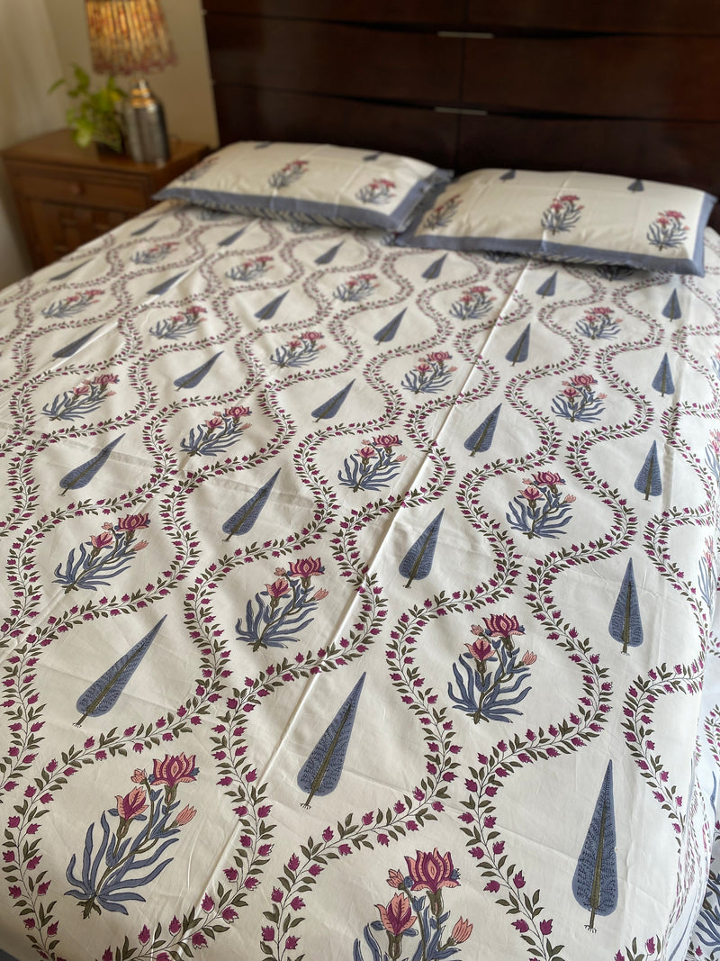 Floral Jaal Handblock Print Bedsheet (300 TC)