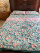 Aqua Blue Floral Reversible Quilt