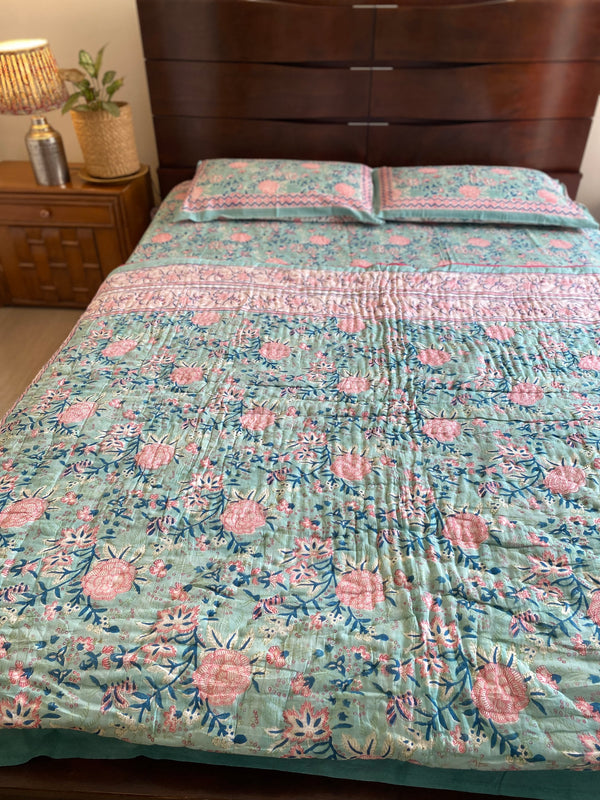 Aqua Blue Floral Reversible Quilt