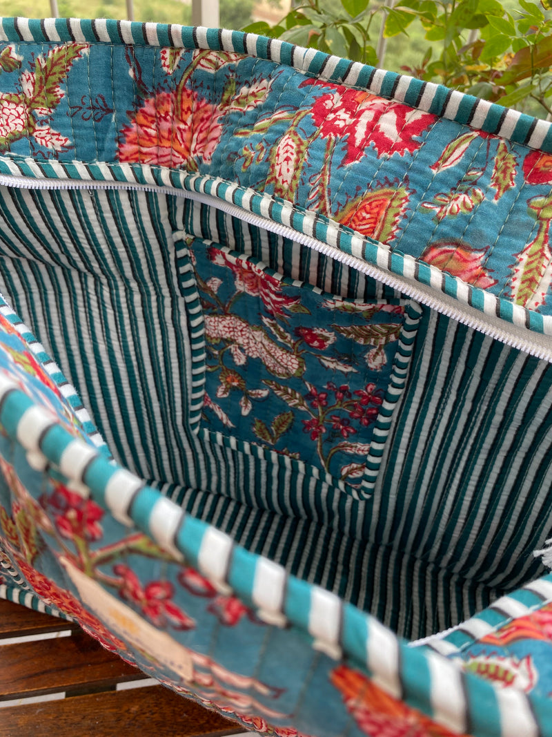Blue Floral Tote Bag with Pouch