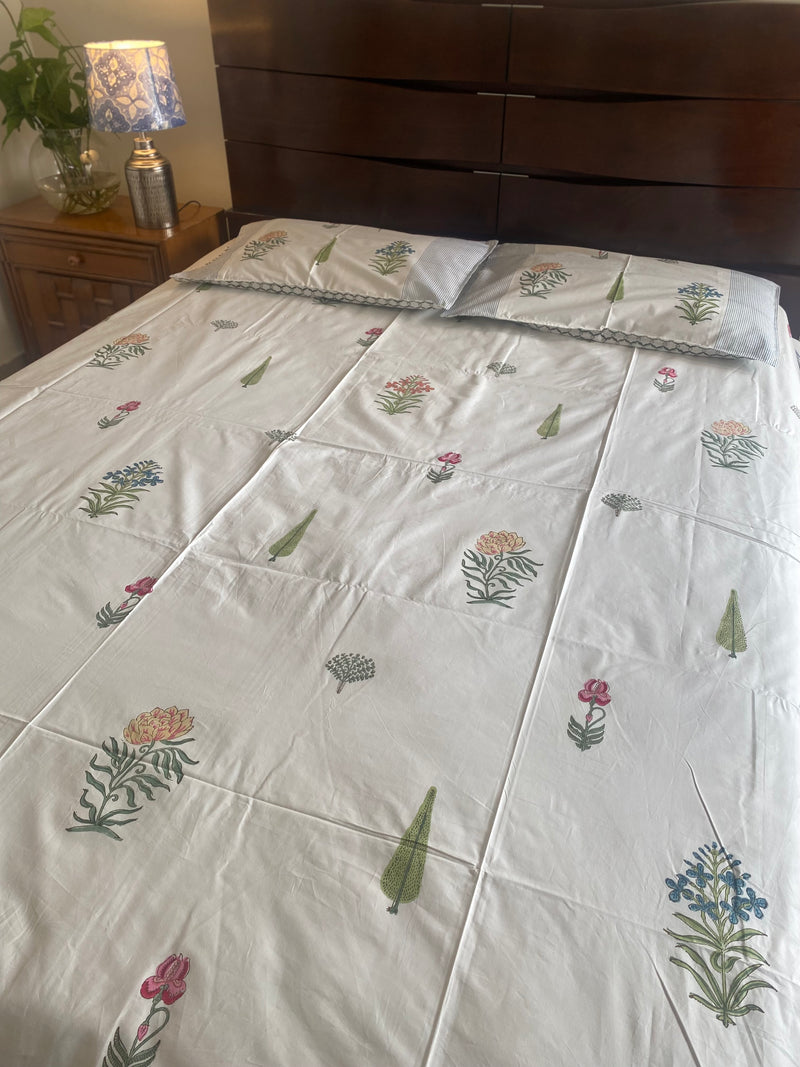 Multicolored Floral Handblock Print Bedsheet (300 TC)