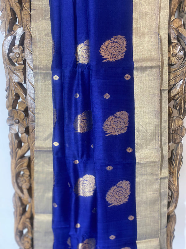 Gul-mohar collection-  Handwoven Pure Chanderi Blue Cotton Silk Saree