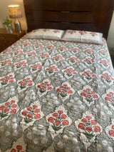 Orange and Grey Floral Handblock Printed Bedcover