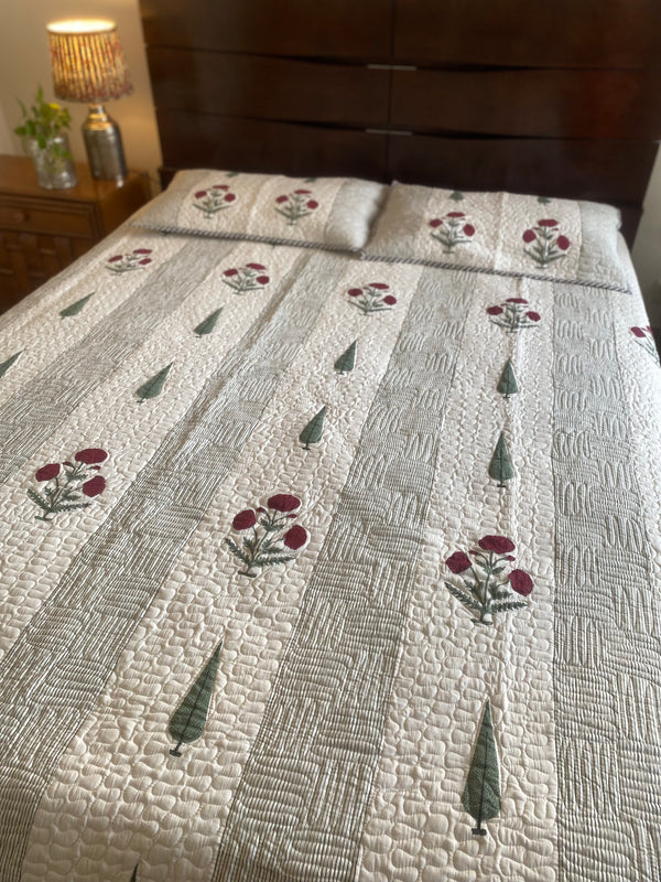 Cypress Leaf Floral Handblock Print Quilted Bed Cover