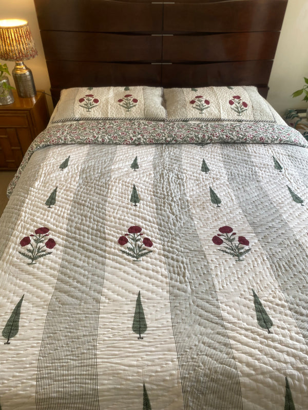 Red Poppy Handblock Print Bedcover and Reversible Quilt