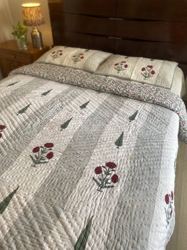 Red Poppy Handblock Print Bedcover and Reversible Quilt