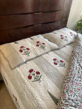 Red Poppy Handblock Print Bedcover and Reversible Quilt