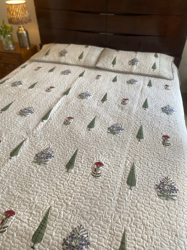 Leaf and Floral Handblock Printed Bedcover