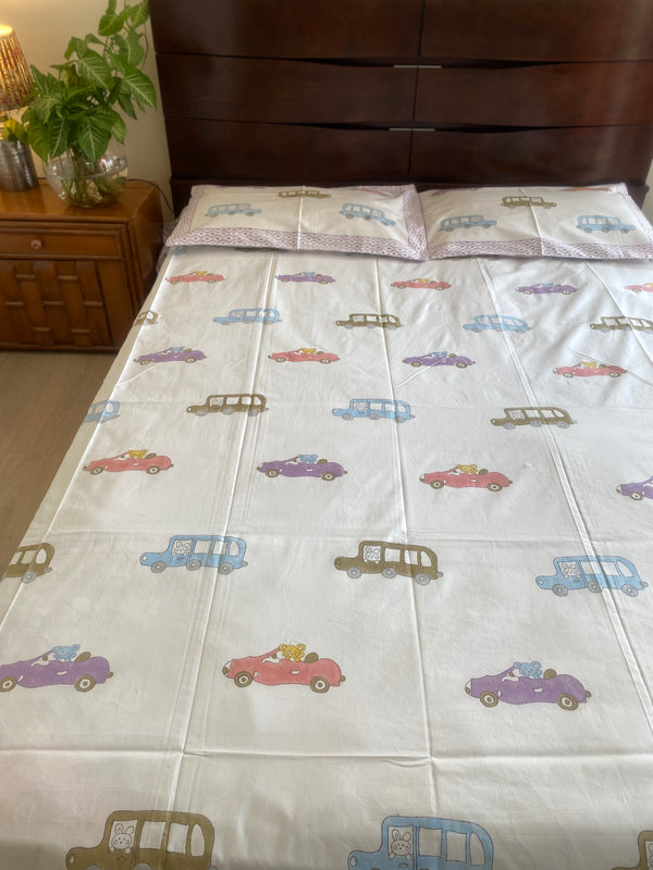 Car Print Handblock Printed Bedsheet (300 TC)