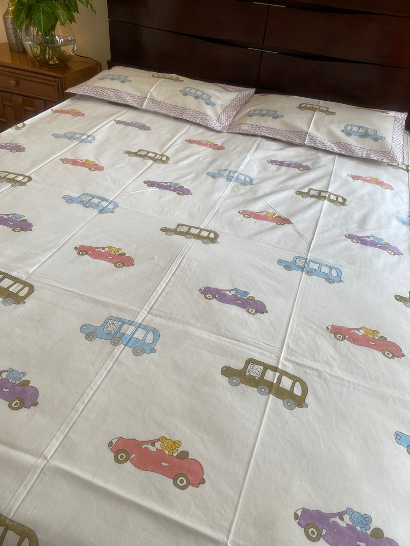 Car Print Handblock Printed Bedsheet (300 TC)