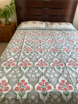 Orange and Grey Floral  Handblock Print Bedsheet (300 TC)