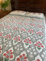 Orange and Grey Floral  Handblock Print Bedsheet (300 TC)