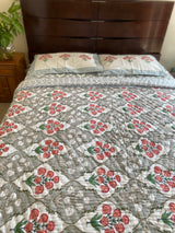 Orange and Grey Floral Reversible Quilt