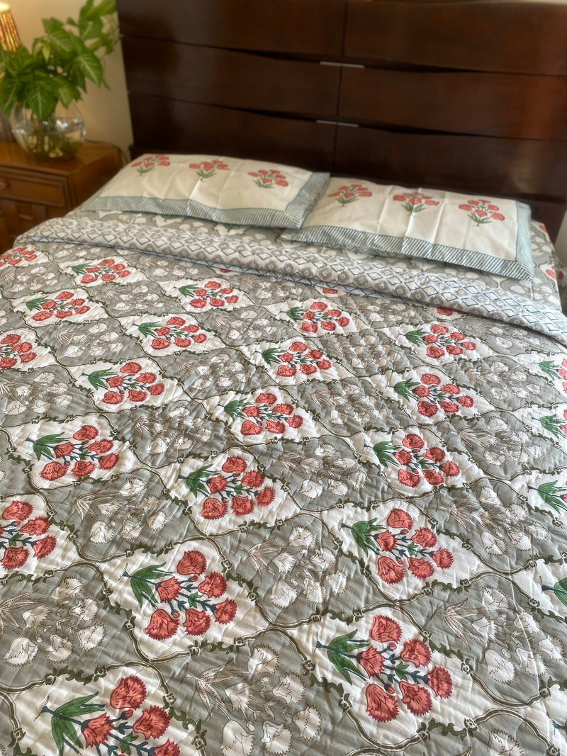 Orange and Grey Floral Reversible Quilt