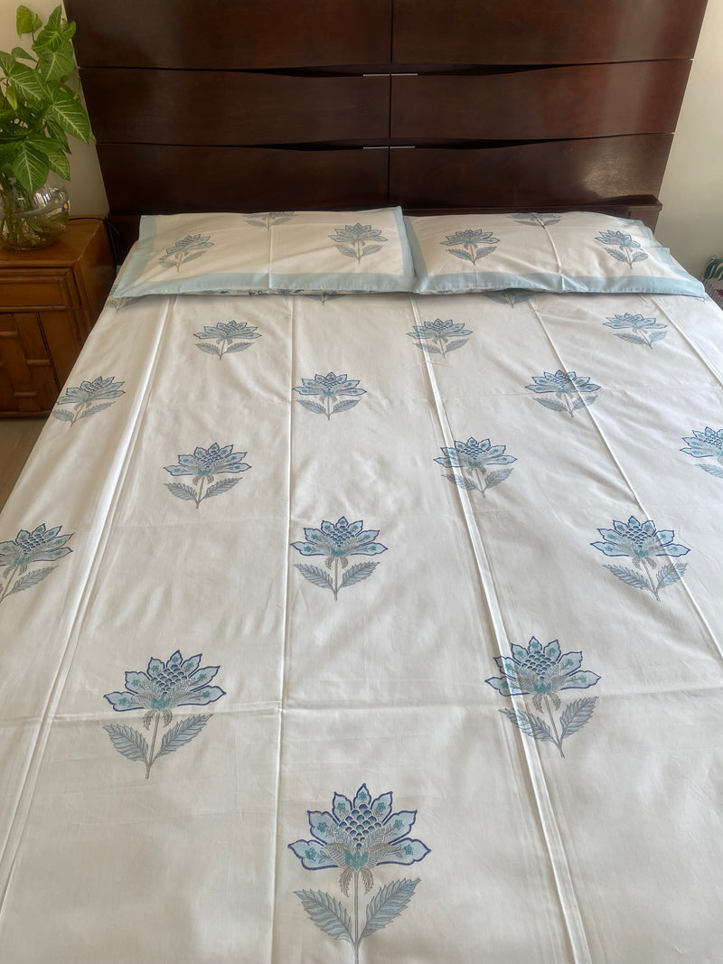 Shades of Blue Leaves Handblock Print Bedsheet (300 TC)