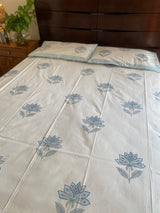 Shades of Blue Leaves Handblock Print Bedsheet (300 TC)